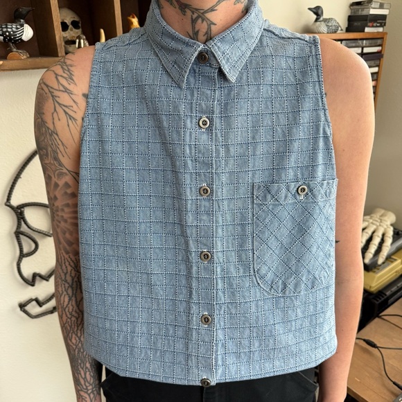 Vintage Tops - 💀 SOLD 💀 Vintage 80s Denim Sleeveless Embroidered Grid Button Down Shirt USA ~ S